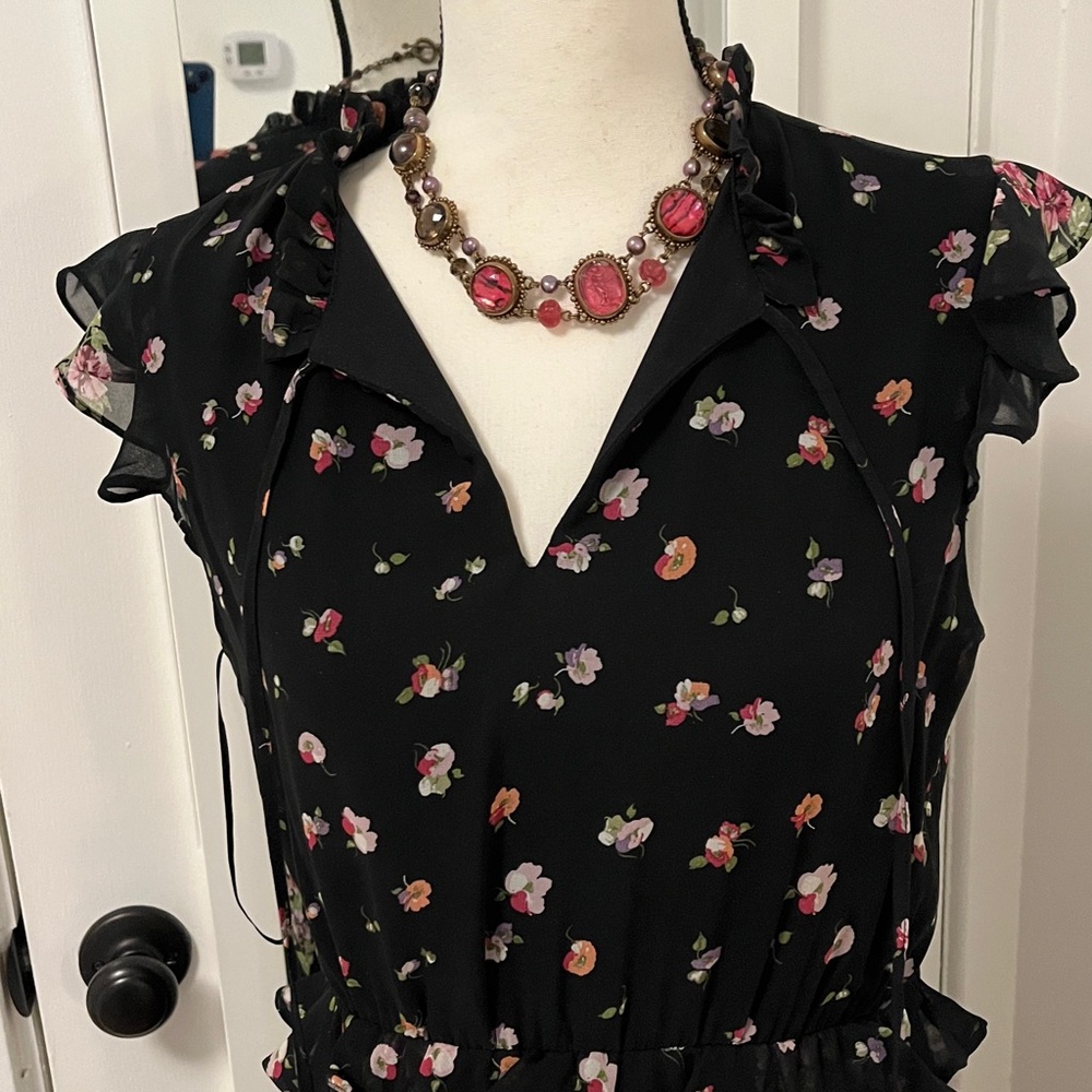 Taylor Maxi Dress Black with Pink& Green Floral Print Hi Low Hem Poly Silk Sz 8